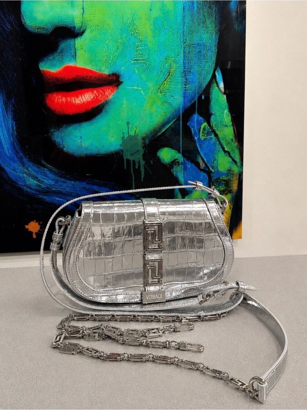 Versace MD Shoulder bag La Greca Silver Croc-Embossed
